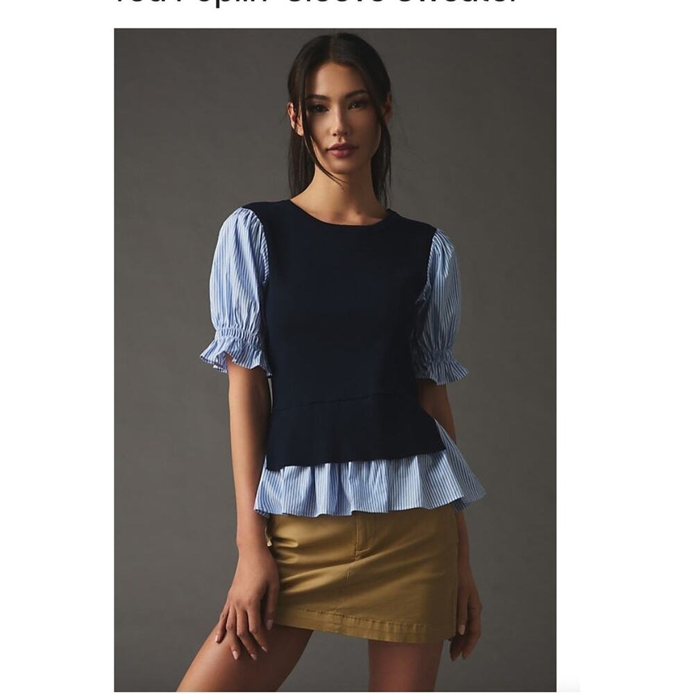 Anthropologie Ruffled Knit Layered Poplin Sleeve *In Beige* Top Sweater Medium